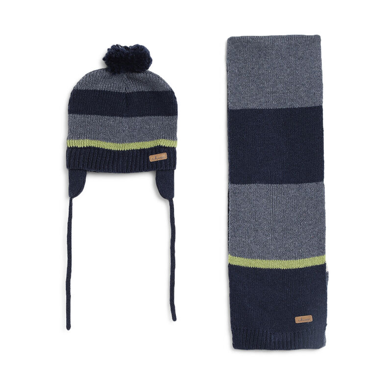 Boys Dark Blue Knitted Hat with Scarf image number 0
